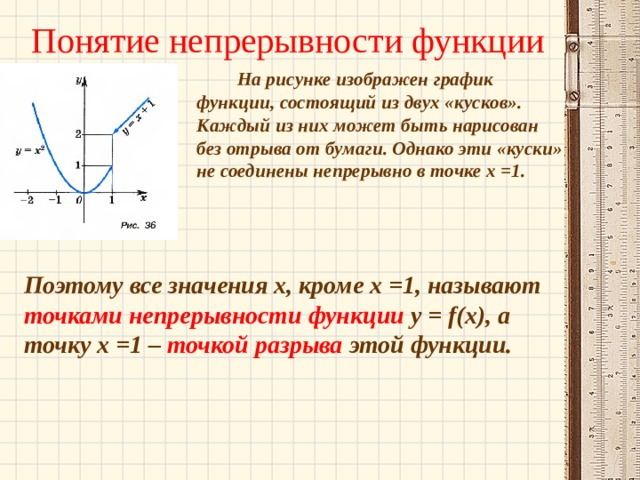 Понятие непрерывности функции  На рисунке изображен график функции, состоящий из двух «кусков». Каждый из них может быть нарисован без отрыва от бумаги. Однако эти «куски» не соединены непрерывно в точке х =1.  Поэтому все значения х, кроме х =1, называют точками непрерывности функции у = f (х), а точку х =1 – точкой разрыва этой функции. 