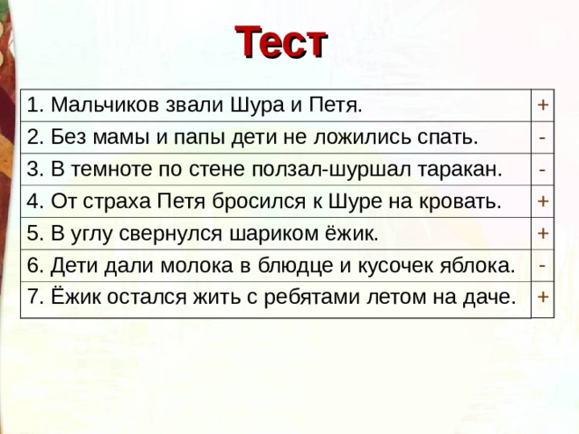 Тест 1. Мальчиков звали Шура и Петя. + - 2. Без мамы и папы дети не ложились спать. 3. В темноте по стене ползал-шуршал таракан. - 4. От страха Петя бросился к Шуре на кровать. + 5. В углу свернулся шариком ёжик. + 6. Дети дали молока в блюдце и кусочек яблока. - 7. Ёжик остался жить с ребятами летом на даче. + Дети выполняют тест в парах. Затем проверка на экране.  