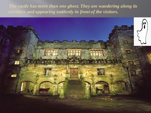  The castle has more than one ghost. They are wandering along its corridors and appearing suddenly in front of the visitors. 