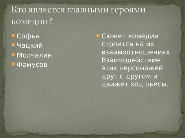 Софья Чацкий Молчалин Фамусов Сюжет комедии строится на их взаимоотношениях. Взаимодействие этих персонажей друг с другом и движет ход пьесы. 