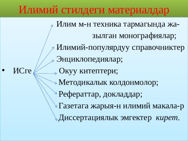 Илимий стилдеги материалдар  Илим м-н техника тармагында жа-  зылган монографиялар;  Илимий-популярдуу справочниктер  Энциклопедиялар;  ИСге Окуу китептери;  Методикалык колдонмолор;  Рефераттар, докладдар;  Газетага жарыя-н илимий макала-р  Диссертациялык эмгектер кирет. 