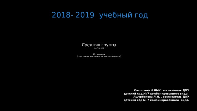 2018- 2019 учебный год Средняя группа  (4-5 лет)    30 человек  (списочная численность воспитанников)   Калошина Н.НМК. воспитатель ДОУ детский сад № 7 комбинированного вида Ашурбекова Л.Н. . воспитатель ДОУ детский сад № 7 комбинированного вида.  