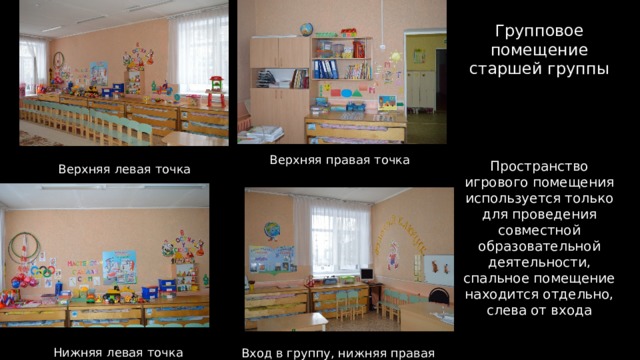 Групповое помещение старшей группы Пространство игрового помещения используется только для проведения совместной образовательной деятельности, спальное помещение находится отдельно, слева от входа Верхняя правая точка Верхняя левая точка  Нижняя левая точка Вход в группу, нижняя правая точка  