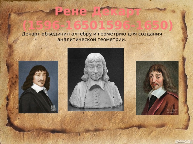 Рене Декарт (1596-16501596-1650) Декарт объединил алгебру и геометрию для создания аналитической геометрии. 