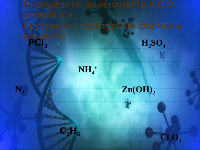 Определите валентность и С.О. атомов х.э.,  Составьте структурные формулы веществ: PCl 3 H 2 SO 4 NH 4 + N 2 Zn(OH) 2 C 2 H 6 Cl 2 O 5 