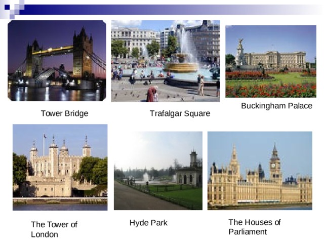 Buckingham Palace Tower Bridge Trafalgar Square  The Houses of Parliament Hyde Park The Tower of London 