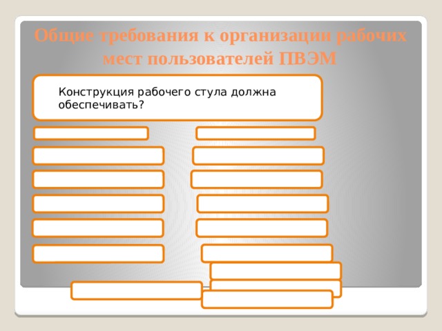 Конструкция рабочего стула должна обеспечивать ширину и глубину поверхности сиденья не менее