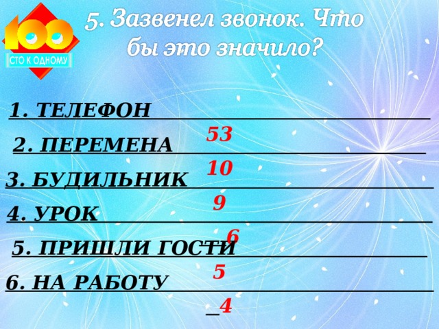 1. ТЕЛЕФОН 53 2. ПЕРЕМЕНА 10 3. БУДИЛЬНИК 9 4. УРОК 6 5. ПРИШЛИ ГОСТИ 5 6. НА РАБОТУ 4 