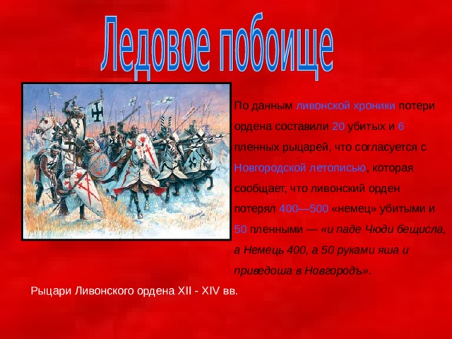 По данным ливонской хроники потери ордена составили 20 убитых и 6 пленных рыцарей, что согласуется с Новгородской летописью , которая сообщает, что ливонский орден потерял 400—500 «немец» убитыми и 50 пленными — «и паде Чюди бещисла, а Немець 400, а 50 руками яша и приведоша в Новгородъ» . Рыцари Ливонского ордена XII - XIV вв. 