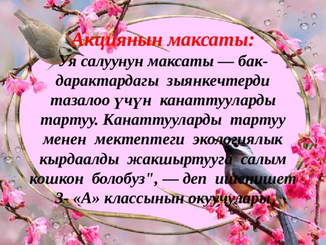 Акциянын максаты:  Уя салуунун максаты — бак-дарактардагы зыянкечтерди тазалоо үчүн канаттууларды тартуу.  Канаттууларды тартуу менен мектептеги экологиялык кырдаалды жакшыртууга салым кошкон болобуз