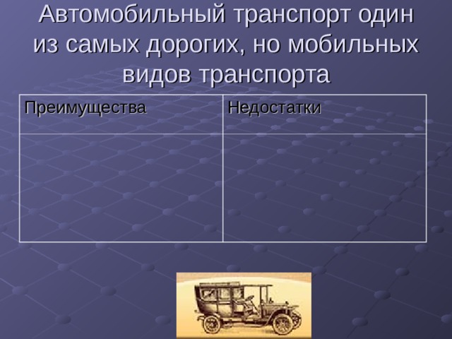 Автомобильный транспорт один из самых дорогих, но мобильных видов транспорта Преимущества Недостатки 