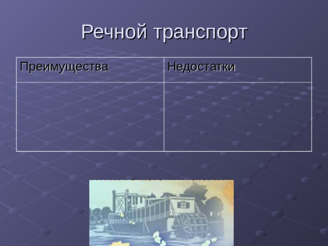 Речной транспорт Преимущества Недостатки 