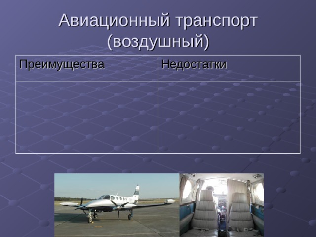 Авиационный транспорт (воздушный) Преимущества Недостатки 
