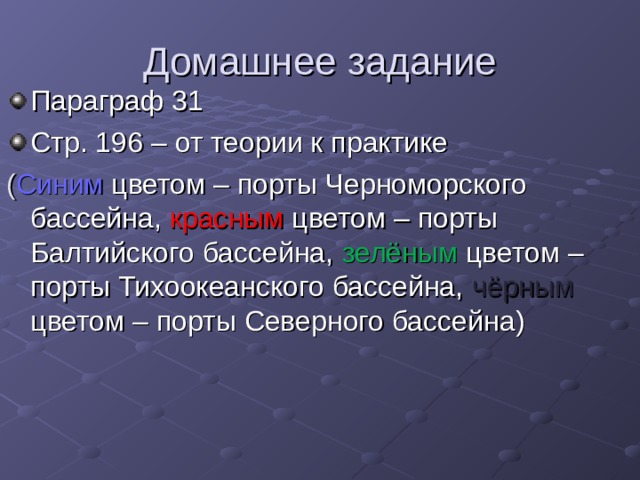 Домашнее задание Параграф 31 Стр. 196 – от теории к практике ( Синим цветом – порты Черноморского бассейна, красным цветом – порты Балтийского бассейна, зелёным цветом – порты Тихоокеанского бассейна, чёрным цветом – порты Северного бассейна) 
