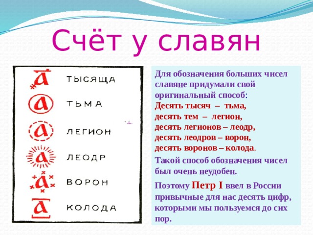 Десять способ. Счет у славян. Числа у славян. Обозначение чисел у славян. Обозначение больших чисел в Славянском.