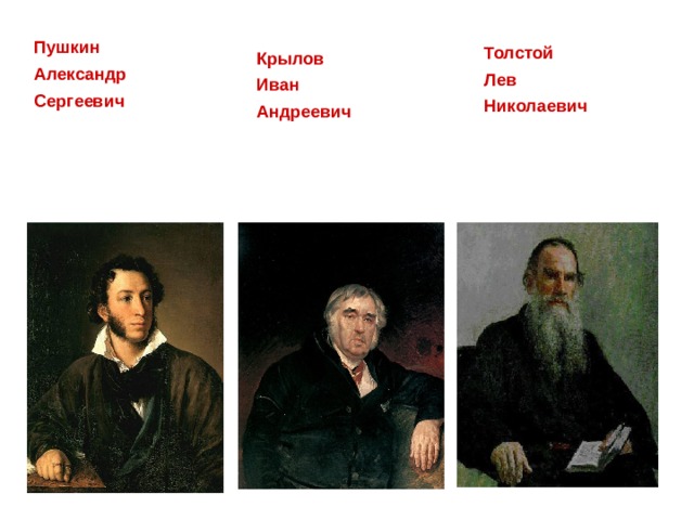 Пушкин Александр Сергеевич Толстой Лев Николаевич Крылов Иван Андреевич 