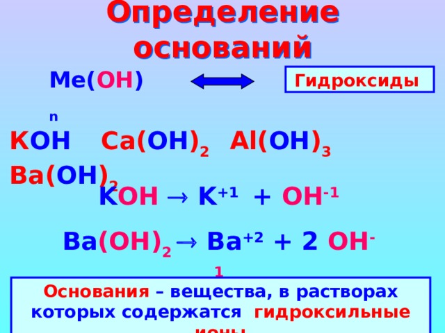 Определение оснований Ме( ОН ) n Гидроксиды К ОН  Ca ( ОН ) 2  Al ( ОН ) 3  Ba ( ОН ) 2 K OH  K +1 + OH -1 Ba (ОН) 2   Ba +2 + 2 OH -1  Основания – вещества, в растворах которых содержатся гидроксильные ионы 
