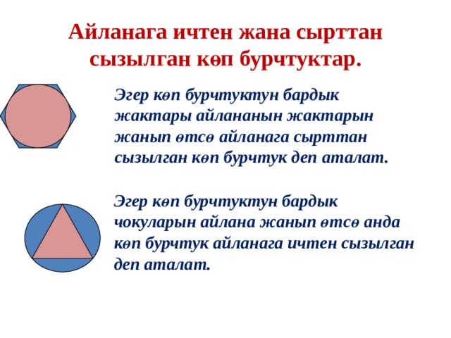 Айланага ичтен жана сырттан сызылган көп бурчтуктар.  Эгер к өп бурчтуктун бардык жактары айлананын жактарын жанып өтсө айланага сырттан сызылган көп бурчтук деп аталат.  Эгер көп бурчтуктун бардык чокуларын айлана жанып өтсө анда көп бурчтук айланага ичтен сызылган деп аталат. 