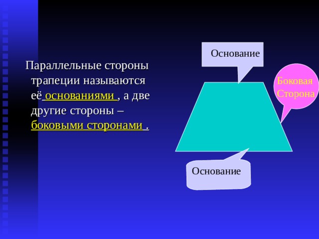  Параллельные стороны трапеции называются её  основаниями , а две другие стороны – боковыми сторонами .  Основание Боковая Сторона Основание 