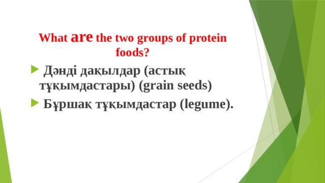 What are the two groups of protein foods?  Дәнді дақылдар (астық тұқымдастары) (grain seeds)  Бұршақ тұқымдастар (legume). 