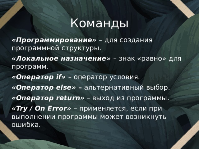 Команды «Программирование» – для создания программной структуры. «Локальное назначение» – знак «равно» для программ. «Оператор if» – оператор условия. «Оператор else» – альтернативный выбор. «Оператор return»  – выход из программы. «Try / On Error» – применяется, если при выполнении программы может возникнуть ошибка. 