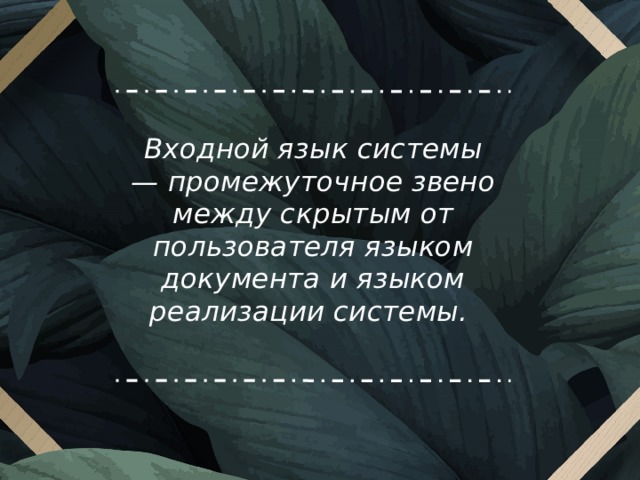 Входной язык системы — промежуточное звено между скрытым от пользователя языком документа и языком реализации системы. 