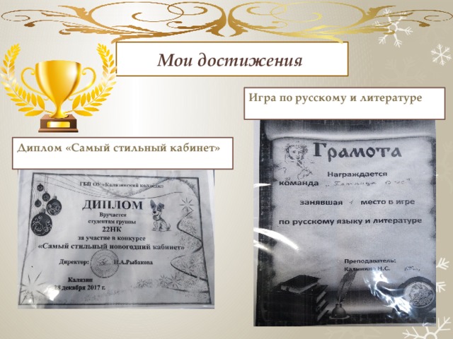 Мои достижения Игра по русскому и литературе Диплом «Самый стильный кабинет» 