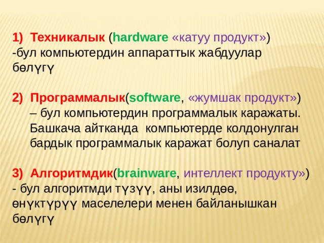 Техникалык  ( hardware  «катуу продукт» ) -бул компьютердин аппараттык жабдуулар б өлүгү  Программалык ( software ,  «жумшак продукт» )  – бул компьютердин программалык каражаты.  Башкача айтканда компьютерде колдонулган  бардык программалык каражат болуп саналат Алгоритмдик ( brainware , интеллект продукту» )  - бул алгоритмди т үзүү, аны изилдөө, өнүктүрүү маселелери менен байланышкан бөлүгү 
