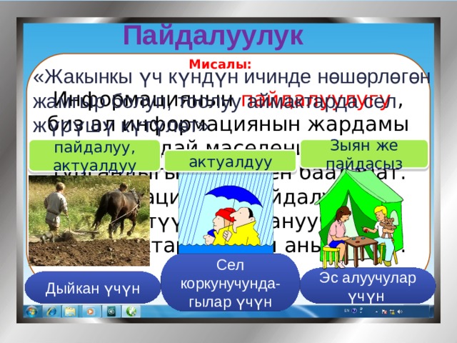 Пайдалуулук Мисалы: Информациянын пайдалуулугу , биз ал информациянын жардамы менен кандай маселени чече ала тургандыгыбыз менен бааланат. Информациянын пайдалуулугу конкреттүү пайдалануучунун зарылдыктары менен аныкталат. «Жакынкы үч күндүн ичинде нөшөрлөгөн жамгыр болуп, тоолуу аймактарда сел жүрүшү күтүлөт» пайдалуу, актуалдуу Зыян же пайдасыз актуалдуу Сел коркунучунда-гылар үчүн Эс алуучулар үчүн Дыйкан үчүн 