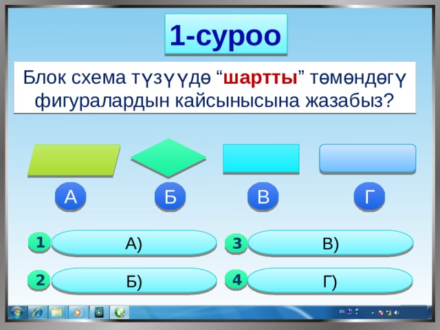 1-суроо Блок схема түзүүдө “ шартты ” төмөндөгү фигуралардын кайсынысына жазабыз? В Б А Г А) В) 1  3 Б) Г) 4 2 
