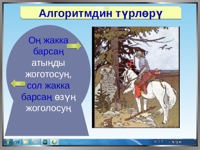 Алгоритмдин түрлөрү Оң жакка барсаң атыңды жоготосуң, сол жакка барсаң өзүң жоголосуң 