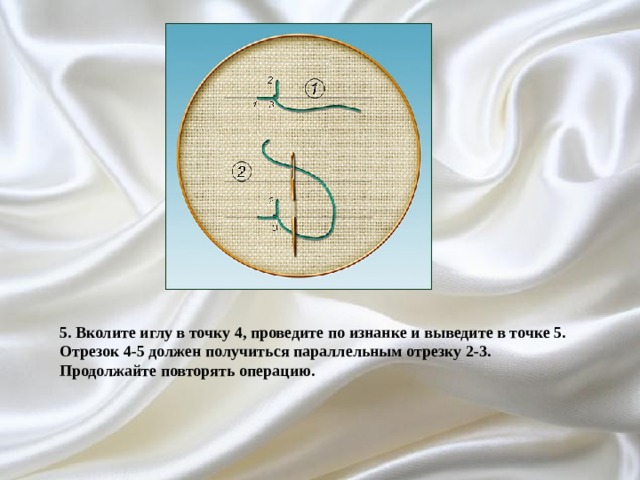 5. Вколите иглу в точку 4, проведите по изнанке и выведите в точке 5. Отрезок 4-5 должен получиться параллельным отрезку 2-3. Продолжайте повторять операцию. 