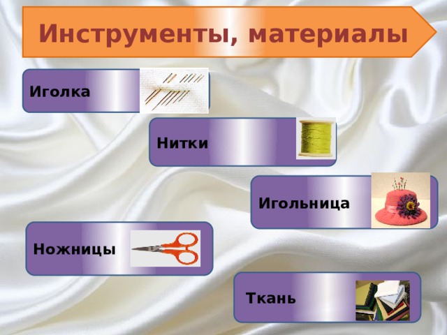 Инструменты, материалы Иголка Нитки Игольница Ножницы  Ткань 