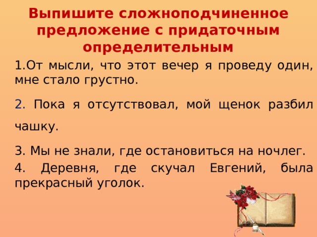 Выпишите сложноподчиненное предложение с придаточным определительным 1.От мысли, что этот вечер я проведу один, мне стало грустно. 2. Пока я отсутствовал, мой щенок разбил чашку. 3. Мы не знали, где остановиться на ночлег. 4. Деревня, где скучал Евгений, была прекрасный уголок. 