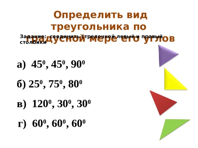 Определить вид треугольника 3 4 6. Виды треугольников по градусной мере. Виды треугольников по градусной мере углов. Определить вид треугольника по градусной мере его углов. Определить вид треугольника 65 90 и 25.