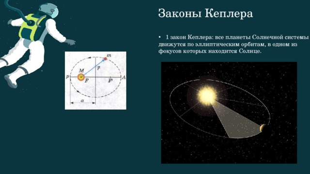 Законы Кеплера 1 закон Кеплера: все планеты Солнечной системы движутся по эллиптическим орбитам, в одном из фокусов которых находится Солнце. 