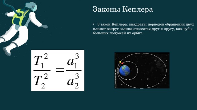 Законы Кеплера 3 закон Кеплера: квадраты периодов обращения двух планет вокруг солнца относятся друг к другу, как кубы больших полуосей их орбит. 