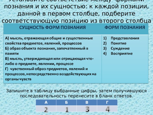 Установите соответствие между формами познания и их сущностью: к каждой позиции, данной в первом столбце, подберите соответствующую позицию из второго столбца Запишите в таблицу выбранные цифры, затем получившуюся последовательность перенесите в бланк ответов. А Б В Г 