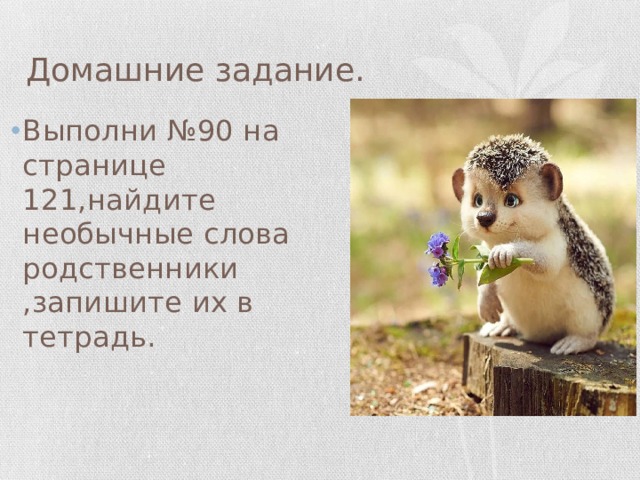 Домашние задание. Выполни №90 на странице 121,найдите необычные слова родственники ,запишите их в тетрадь. 