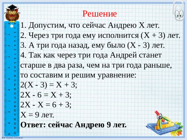 Решение 1. Допустим, что сейчас Андрею Х лет. 2. Через три года ему исполнится (Х + 3) лет. 3. А три года назад, ему было (Х - 3) лет. 4. Так как через три года Андрей станет старше в два раза, чем на три года раньше, то составим и решим уравнение: 2(Х - 3) = Х + 3; 2Х - 6 = Х + 3; 2Х - Х = 6 + 3; Х = 9 лет. Ответ: сейчас Андрею 9 лет. 