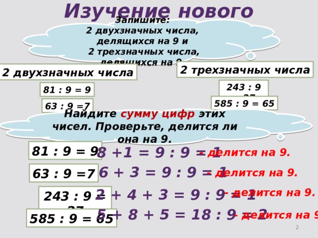 Изучение нового материала. Запишите: 2 двухзначных числа, делящихся на 9 и  2 трехзначных числа, делящихся на 9. 2 трехзначных числа 2 двухзначных числа 243 : 9 = 27 81 : 9 = 9 585 : 9 = 65 63 : 9 =7 Найдите сумму цифр этих чисел. Проверьте, делится ли она на 9. 8 +1 = 9 : 9 = 1 81 : 9 = 9 - делится на 9. 6 + 3 = 9 : 9 = 1 - делится на 9. 63 : 9 =7 2 + 4 + 3 = 9 : 9 = 1 - делится на 9. 243 : 9 = 27 5 + 8 + 5 = 18 : 9 = 2 - делится на 9. 585 : 9 = 65  