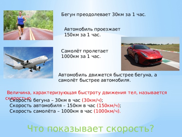 Бегун преодолевает 30км за 1 час.  Автомобиль проезжает 150км за 1 час.  Самолёт пролетает 1000км за 1 час.  Автомобиль движется быстрее бегуна, а самолёт быстрее автомобиля.   Величина, характеризующая быстроту движения тел, называется скоростью. Скорость бегуна – 30км в час (30км/ч) ; Скорость автомобиля – 150км в час (150км/ч) ; Скорость самолёта – 1000км в час (1000км/ч).     Что показывает скорость? 