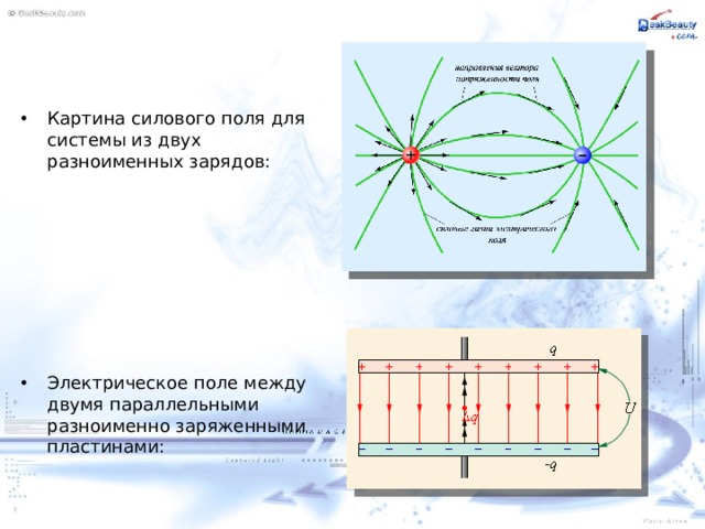 Картина силового поля для системы из двух разноименных зарядов: Электрическое поле между двумя параллельными разноименно заряженными пластинами: 
