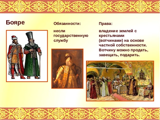 Бояре Обязанности: несли государственную службу Права: владение землей с крестьянами (вотчинами) на основе частной собственности. Вотчину можно продать, завещать, подарить. 