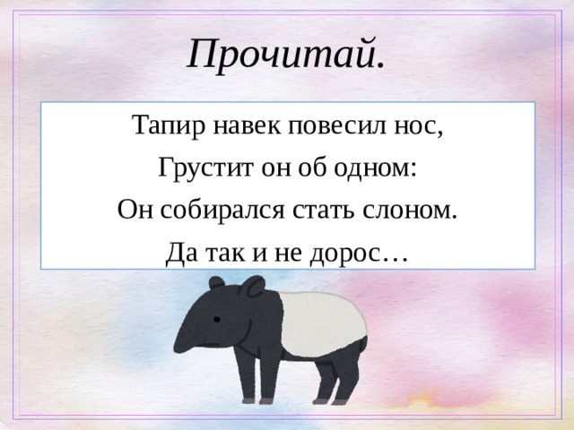Прочитай. Тапир навек повесил нос, Грустит он об одном: Он собирался стать слоном. Да так и не дорос… 