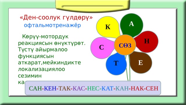 «Ден-соолук гүлдөрү» А офтальмотренажёр К  Көрүү-мотордук реакциясын өнүктүрөт. Түстү айырмалоо функциясын аткарат,мейкиндикте локализациялоо сезимин калыптандырат. Н СӨЗ С Е Т  САН - КЕН - ТАК - КАС - НЕС- КАТ - КАН -НАК-СЕН 