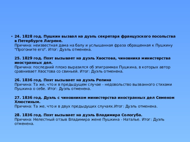 24. 1828 год. Пушкин вызвал на дуэль секретаря французского посольства в Петербурге Лагрене.  Причина: неизвестная дaма на балу и услышанная фраза обращенная к Пушкину 