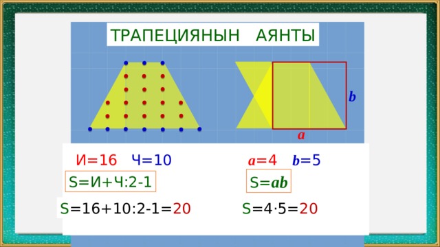 ТРАПЕЦИЯНЫН АЯНТЫ b а а =4 b =5 И=16 Ч=10 S= ab S=И+Ч:2-1 h =5 S =16+10:2-1= 20 S =4·5= 20 
