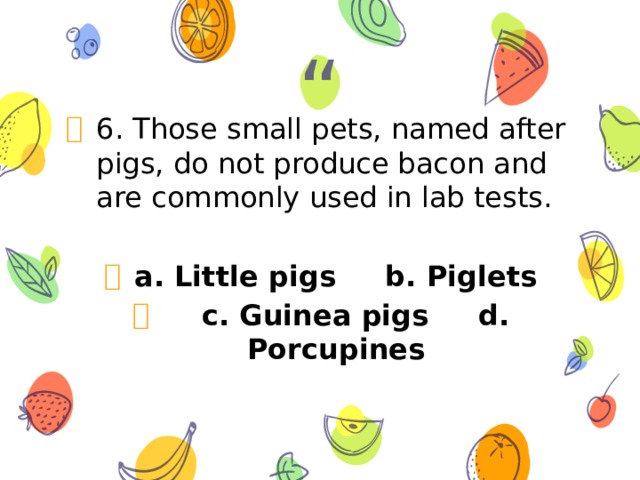 6. Those small pets, named after pigs, do not produce bacon and are commonly used in lab tests.  a. Little pigs b. Piglets  c. Guinea pigs d. Porcupines 