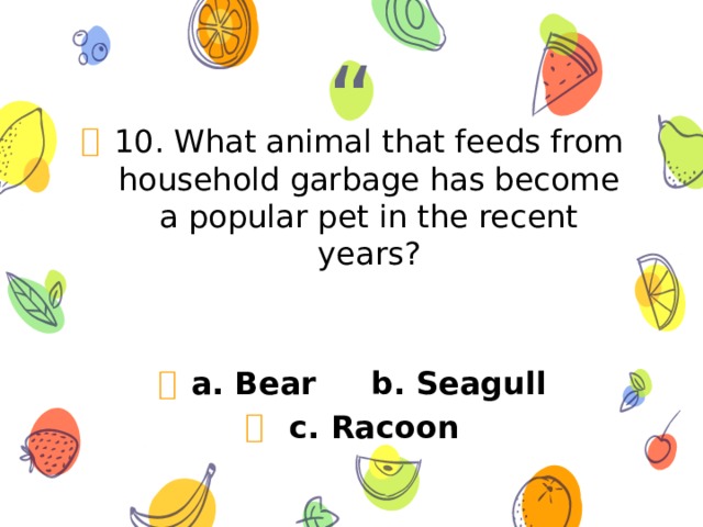 10. What animal that feeds from household garbage has become a popular pet in the recent years?   a. Bear b. Seagull  c. Racoon 